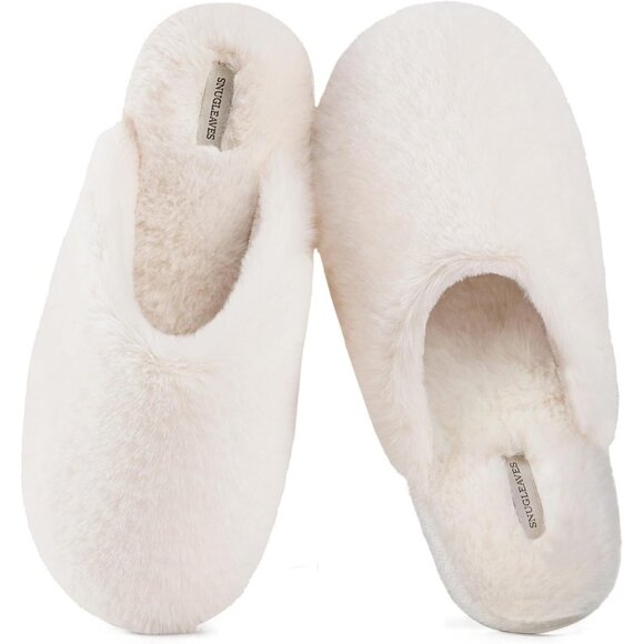 ⚡Women's White Fuzzy Scuff Slippers Soft Comfy Memory Foam Non Slip House Shoes - Picture 1 of 6